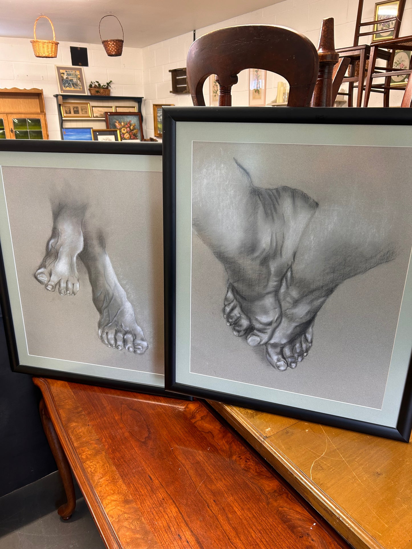 A Pair of large Pencil and Pastel drawn studies of feet Framed Glazed Art