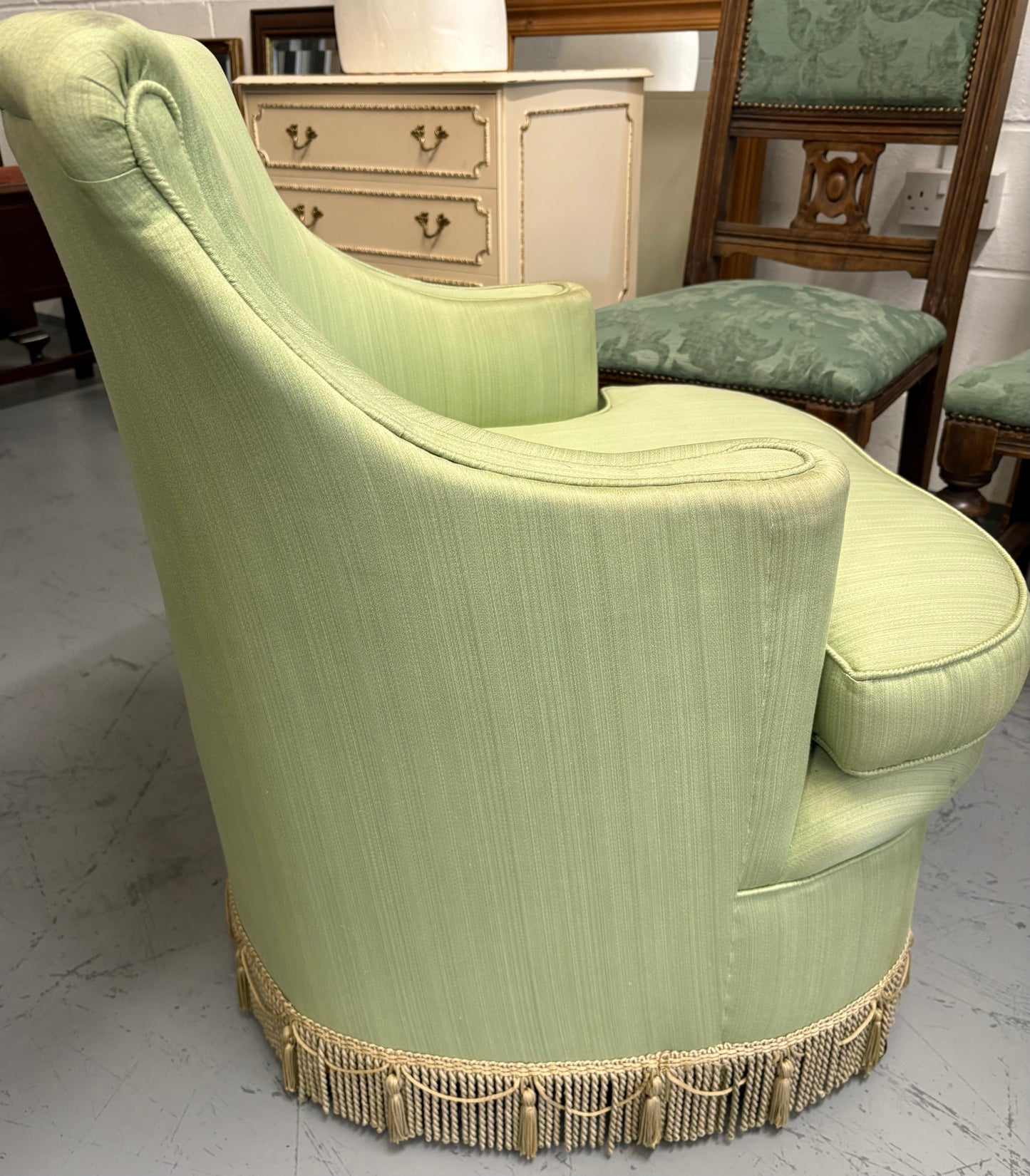 Mid century French pale Green upholstered tassel trimmed boudoir bedroom chair ￼