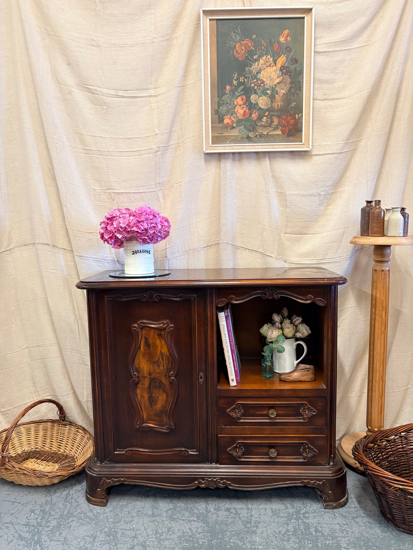 Vintage Carved Mahogany French Style Cabinet Storage Sideboard