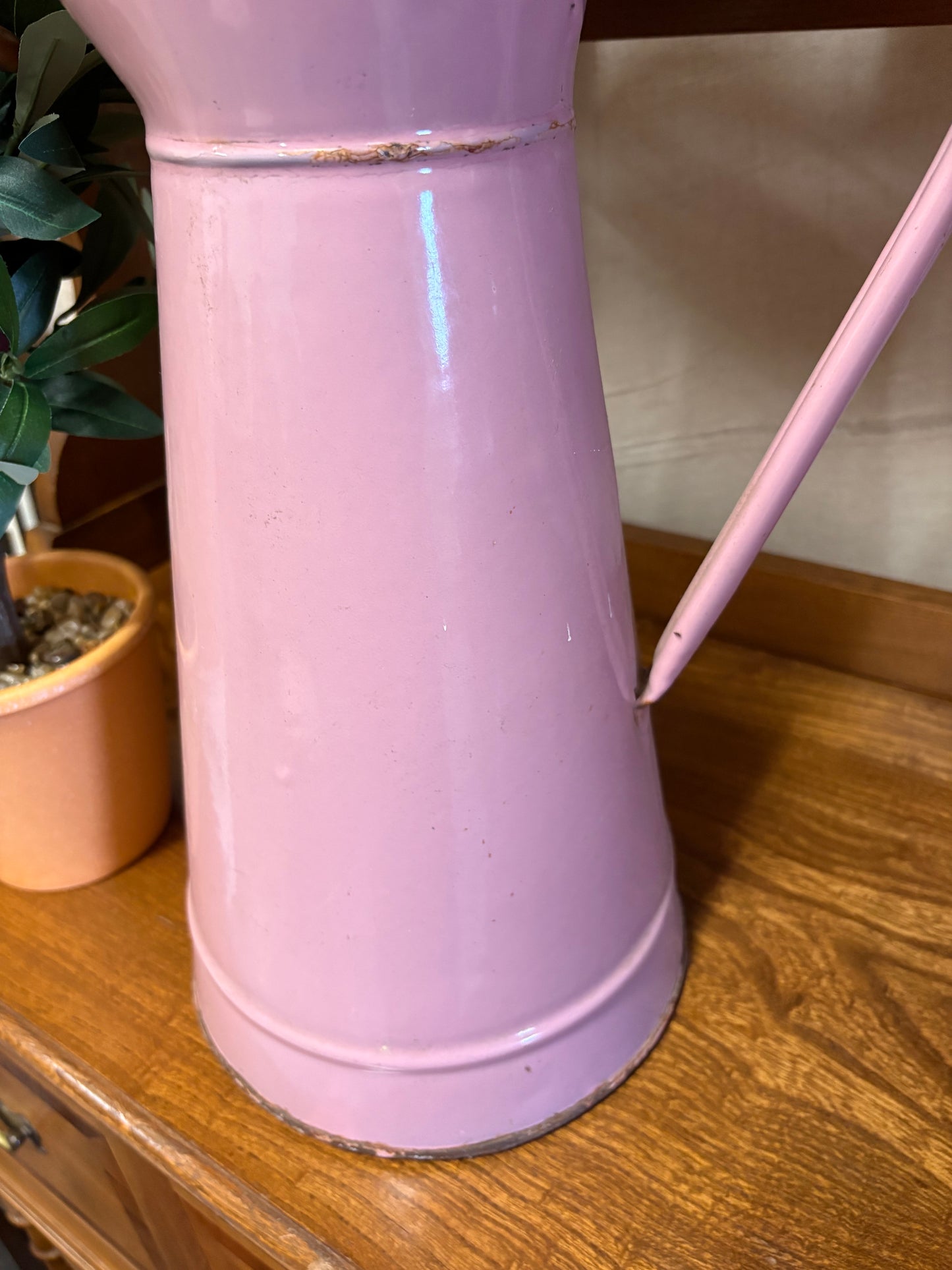 Large French Pink Enamel Pitcher Jug Flower Vase