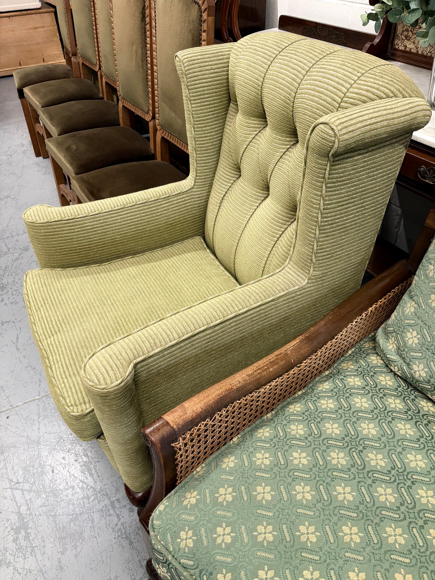 Antique Soft Green Wingback Upright Armchair on Castors & Cabriole legs UK Delivery
