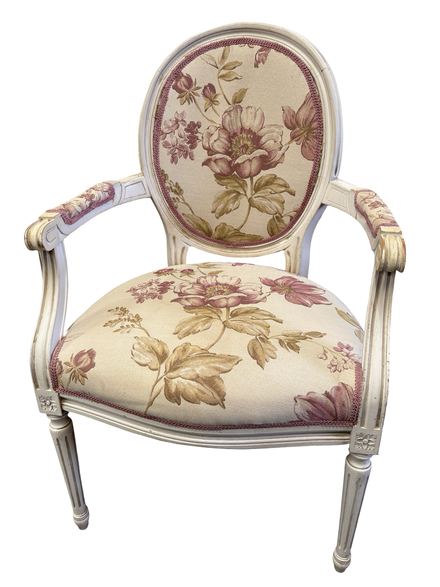 Oval back French Louis Style white painted vintage floral bedroom chair