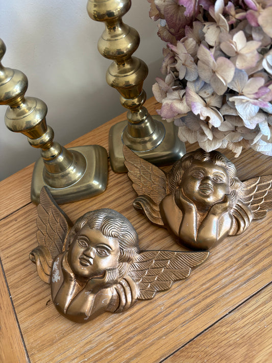 Pair of Metal wall hanging Cherubs Putti Angel Wings Shabby Gold