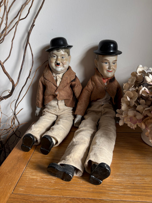 Laurel & Hardy Bisque Head Hands Feet Vintage Dolls Faded fabric