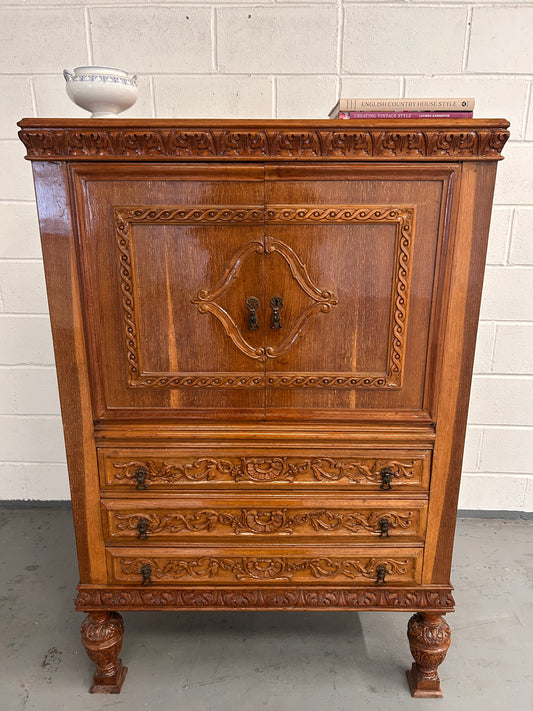 Big Vintage French Drinks cabinet with 3 drawers and mercury mirror lined cupboard