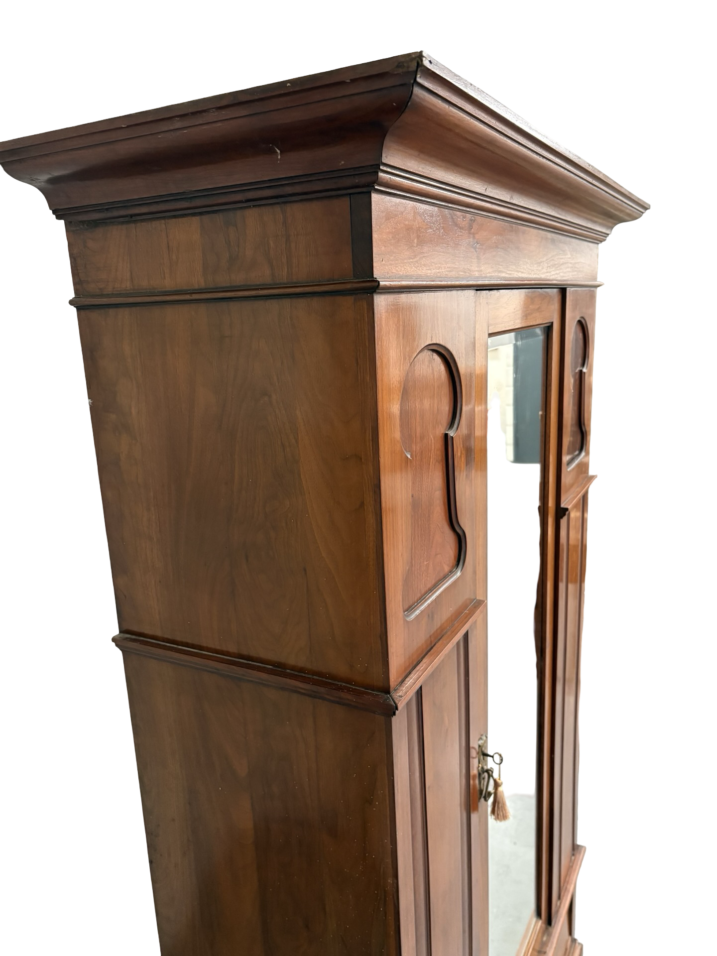 Antique Walnut Art Nouveau Wardrobe with mirror, drawer & key to lock