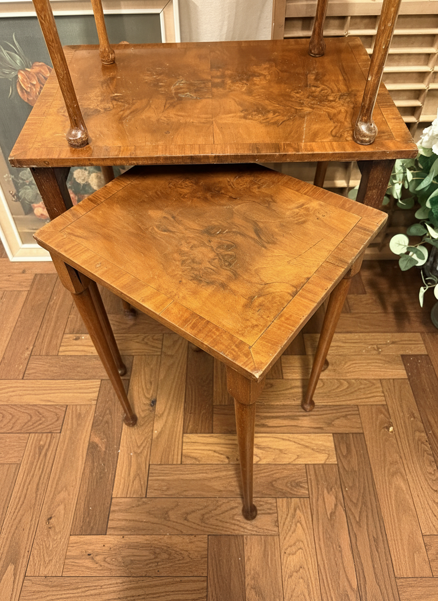 Nest of Antique Burr Walnut Coffee / lamp side / living room tables
