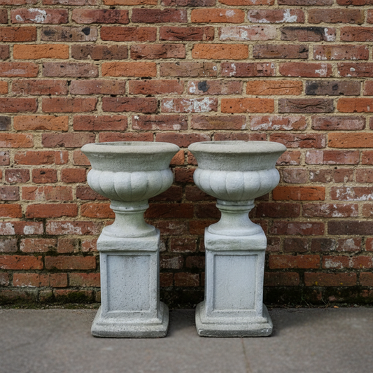 Pair of Vintage Aged Stone Garden Planter Urns on pedestals