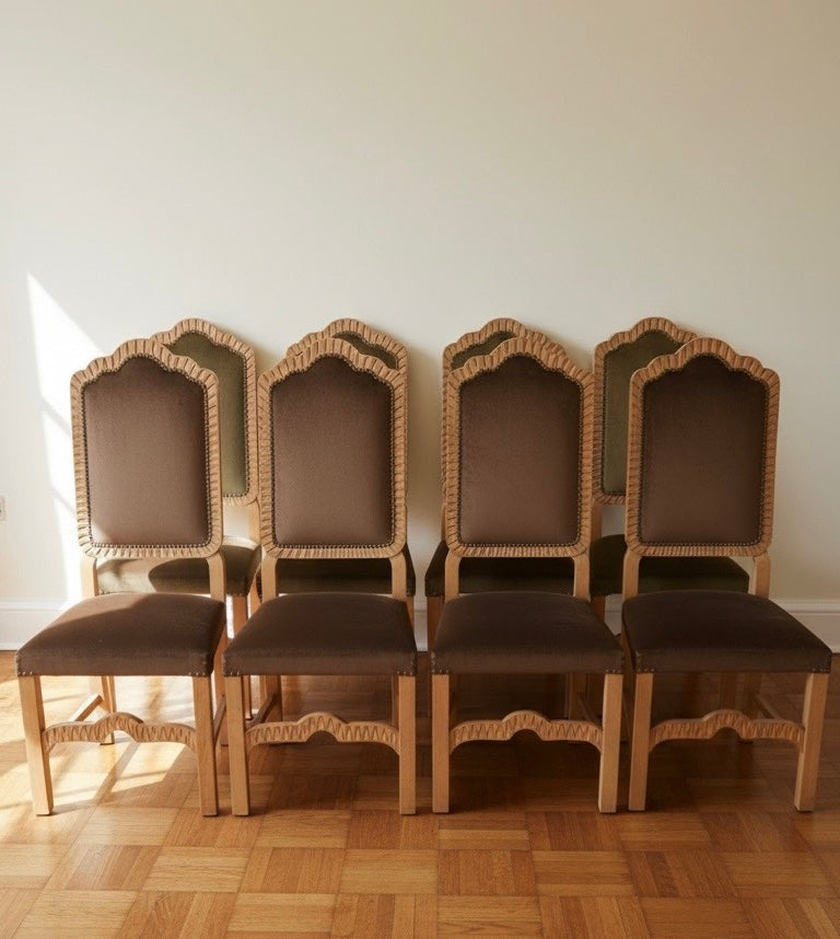 Set of eight Vintage dining chairs with chocolate brown Velvet upholstery