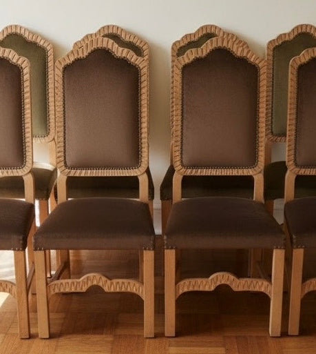 Set of eight Vintage dining chairs with chocolate brown Velvet upholstery