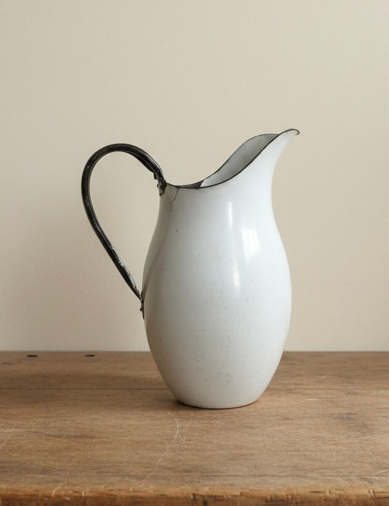 French White Enamel Pitcher water Jug - Vintage Kitchenalia