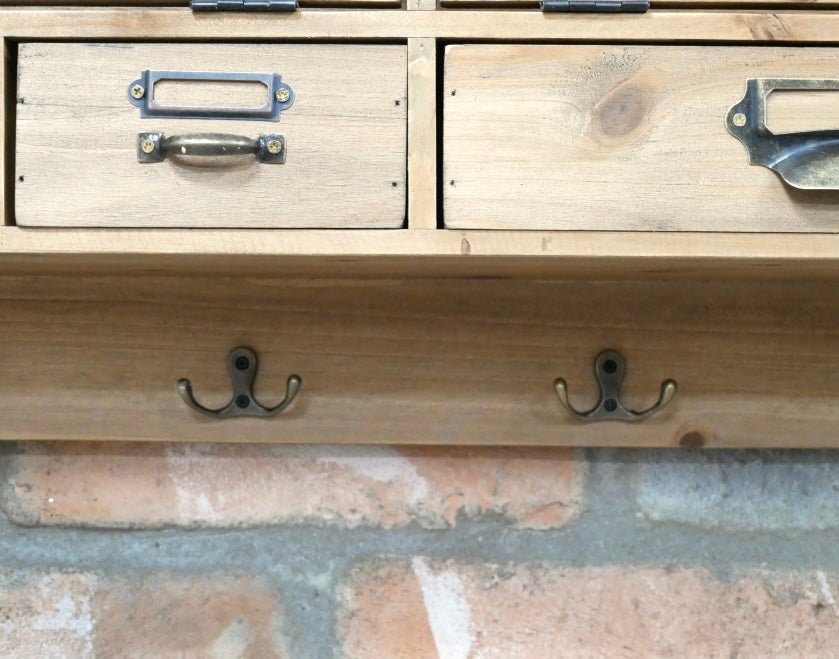 Country Farmhouse Wooden Wall Cabinet with Drawers & Hooks