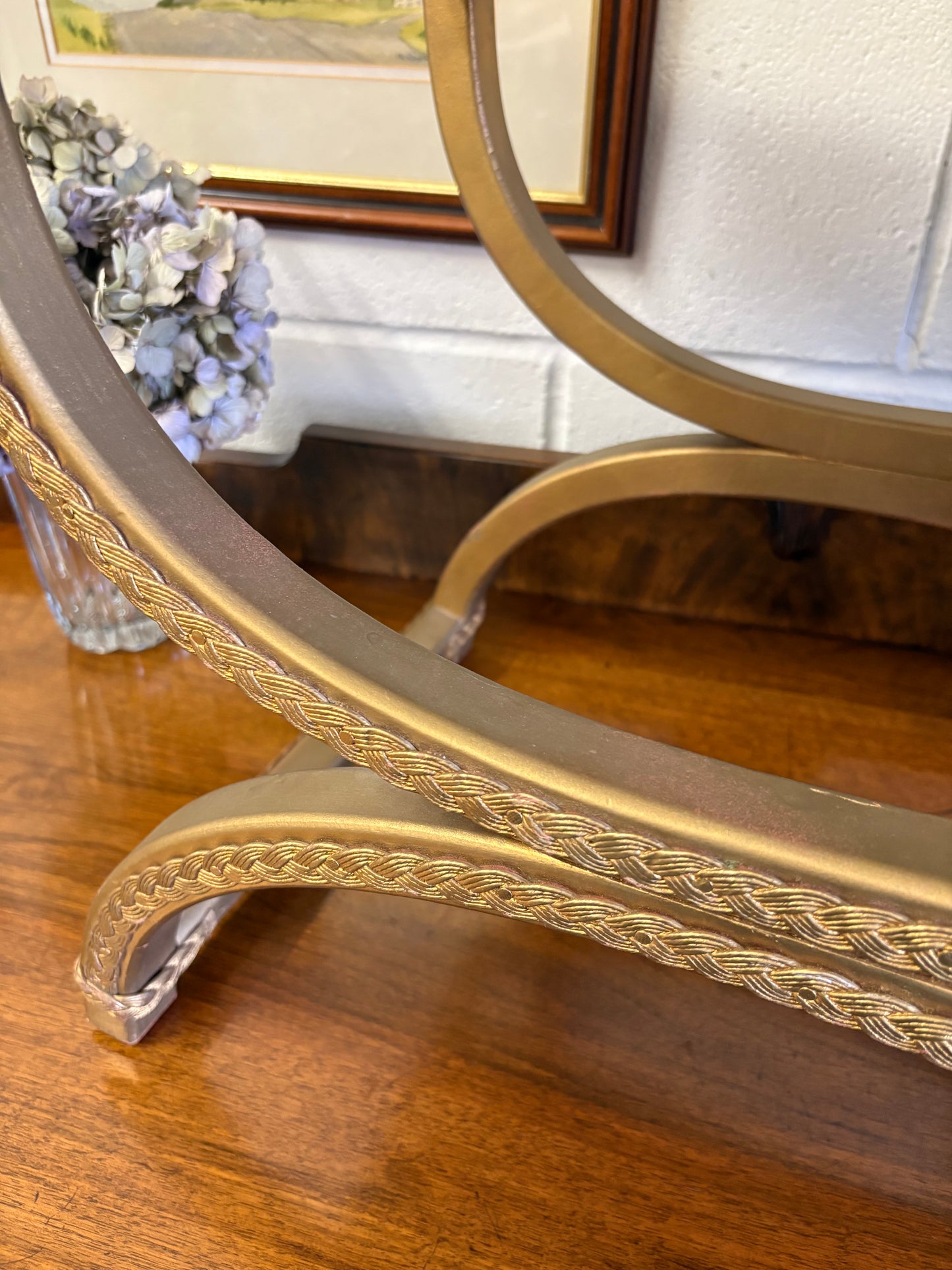 Vintage Regency Yellow Gold upholstered stool with a cross X Frame