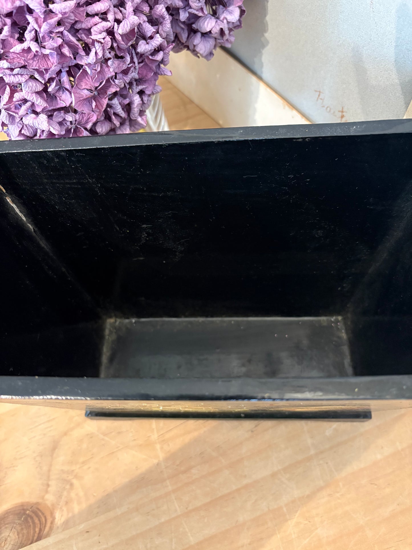 Vintage hand painted fruit design wooden trough faux flowers plants