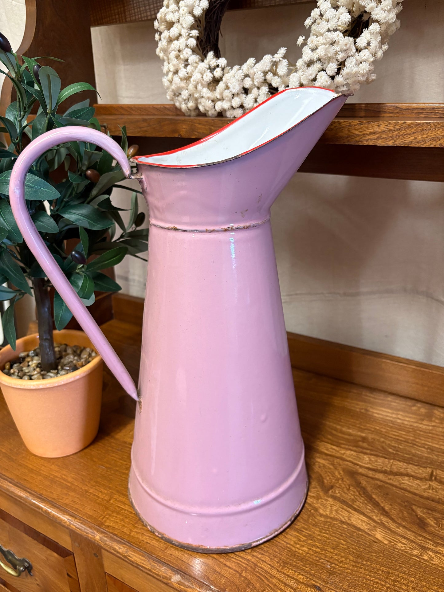 Large French Pink Enamel Pitcher Jug Flower Vase