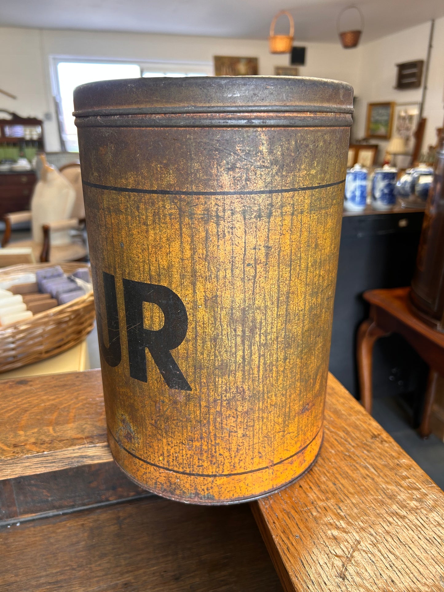 Large antique yellow painted flour storage tin, Country house Kitchenalia