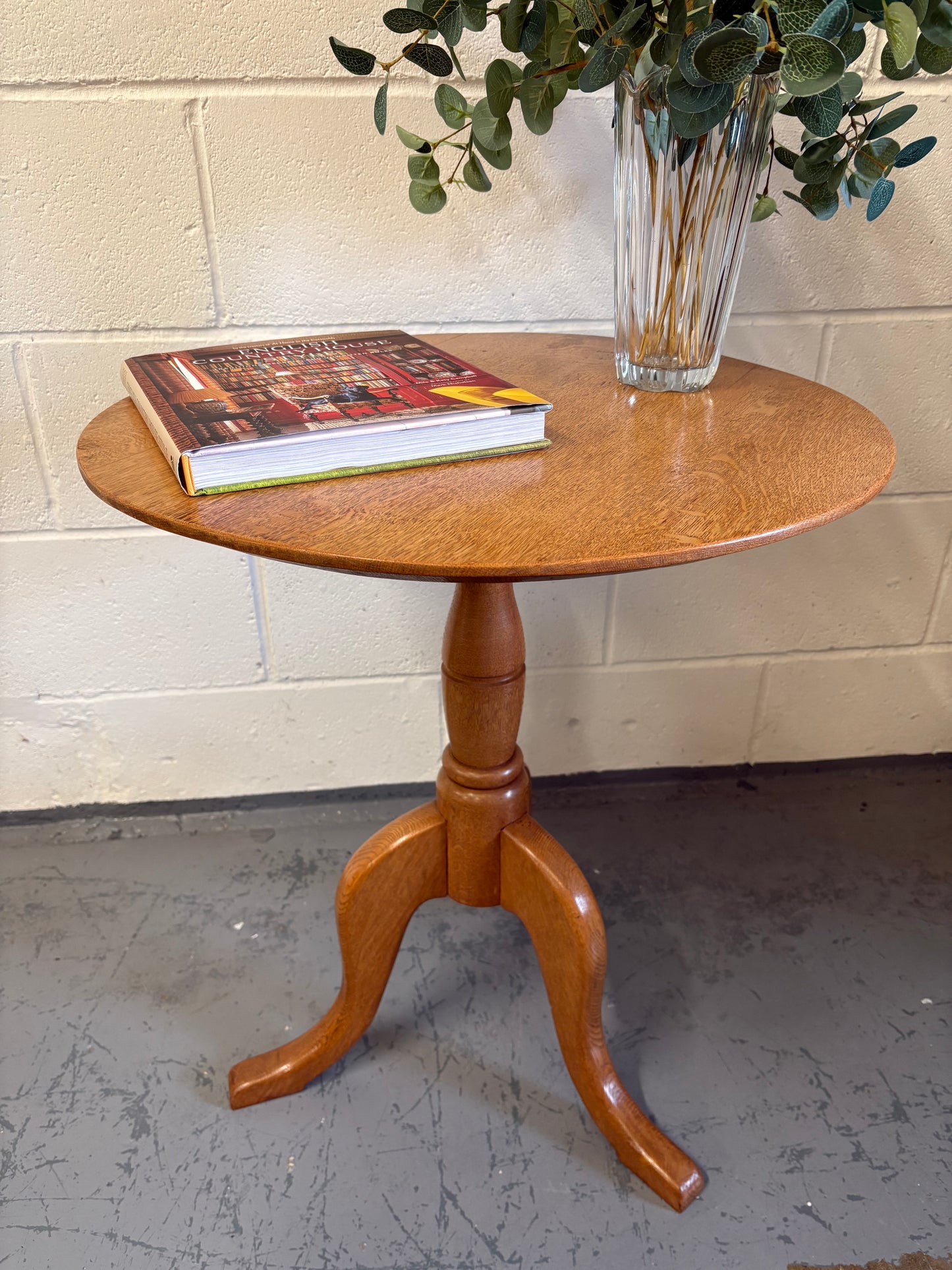 A Handmade Solid Oak Wine Side Table on a turned pillar and Tripod Base Craftsman made