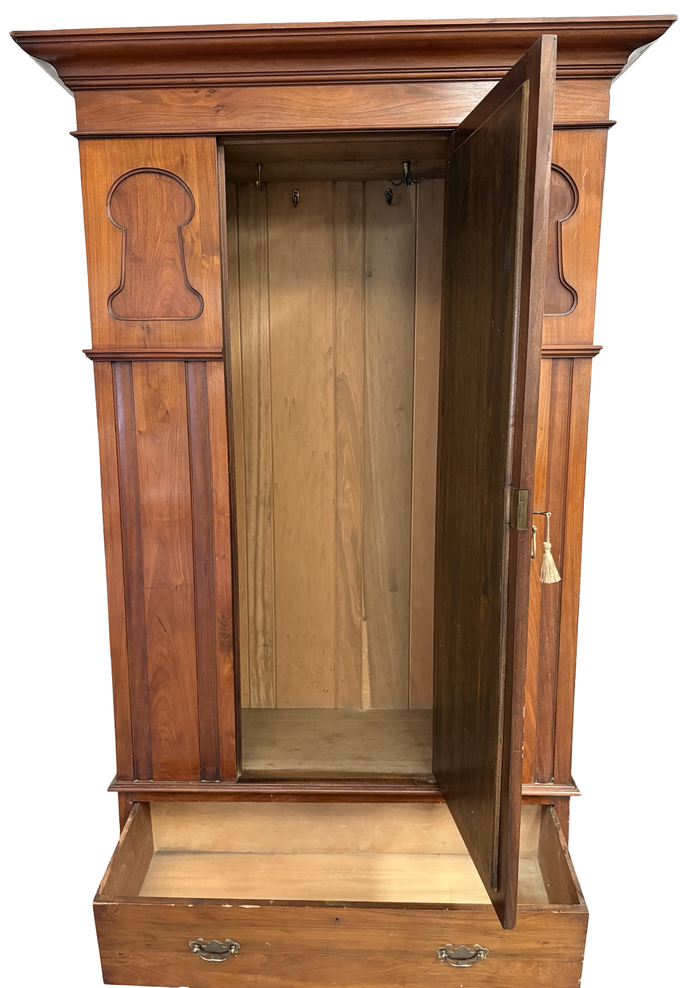 Antique Walnut Art Nouveau Wardrobe with mirror, drawer & key to lock