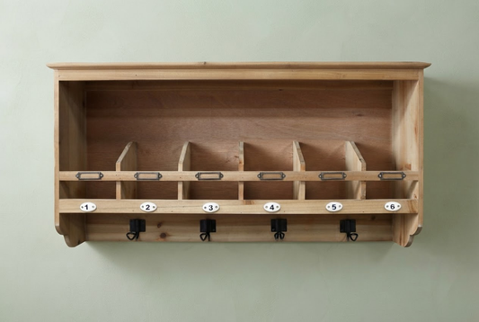 Country Farmhouse Wooden Wall Unit with Shelf Dividers & Coat Hooks