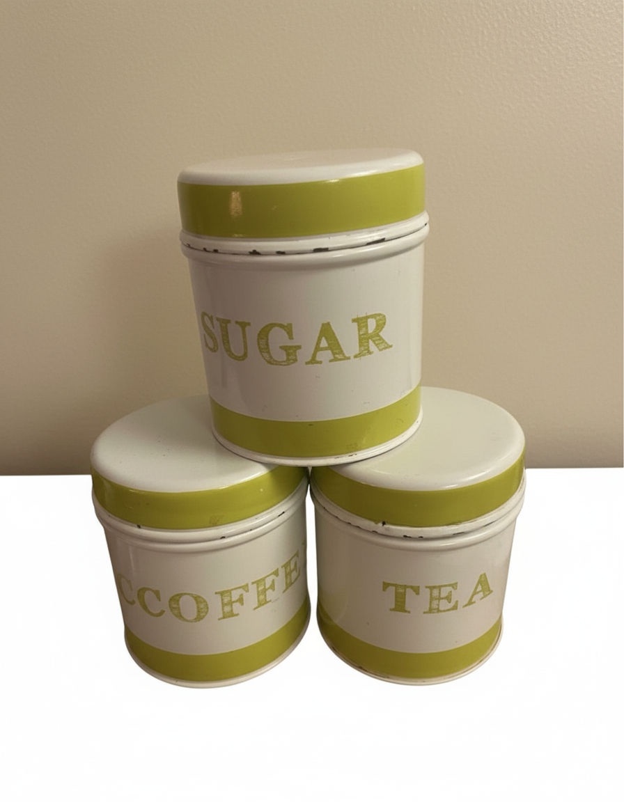 Set up three Vintage metal tins tea, coffee, sugar and pale green and white ￼