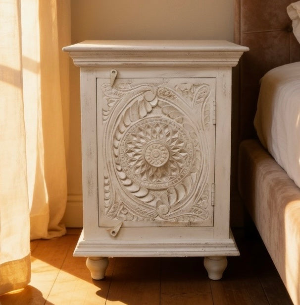 White Wooden Bedside Cabinet in an Eclectic Bohemian  Style