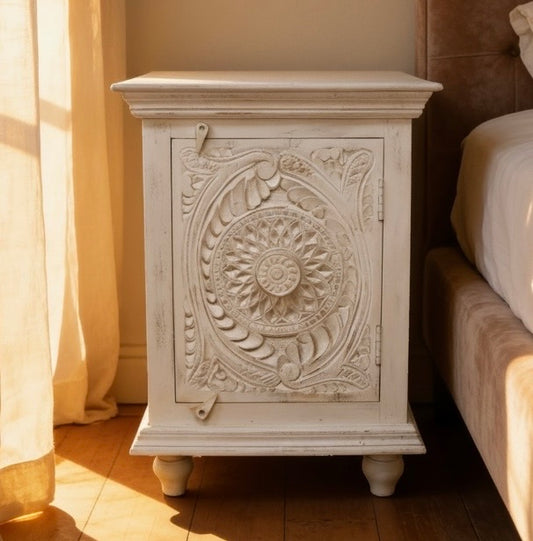 White Wooden Bedside Cabinet in an Eclectic Bohemian  Style