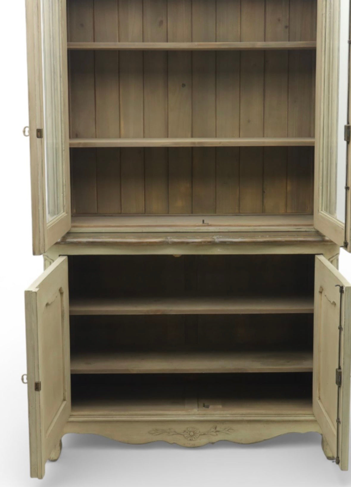 Stunning Vintage French Painted Pine cabinet Glazed doors carving shelves cabriole legs