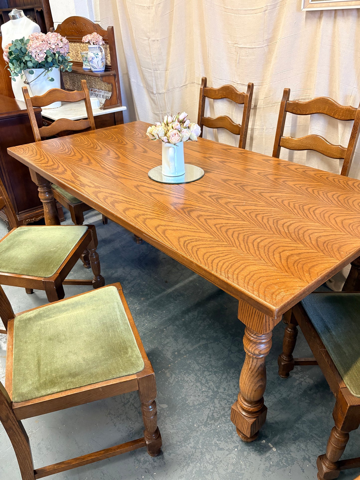 Belgium Oak Refectory Dining table with 6 Wavy Back Chairs