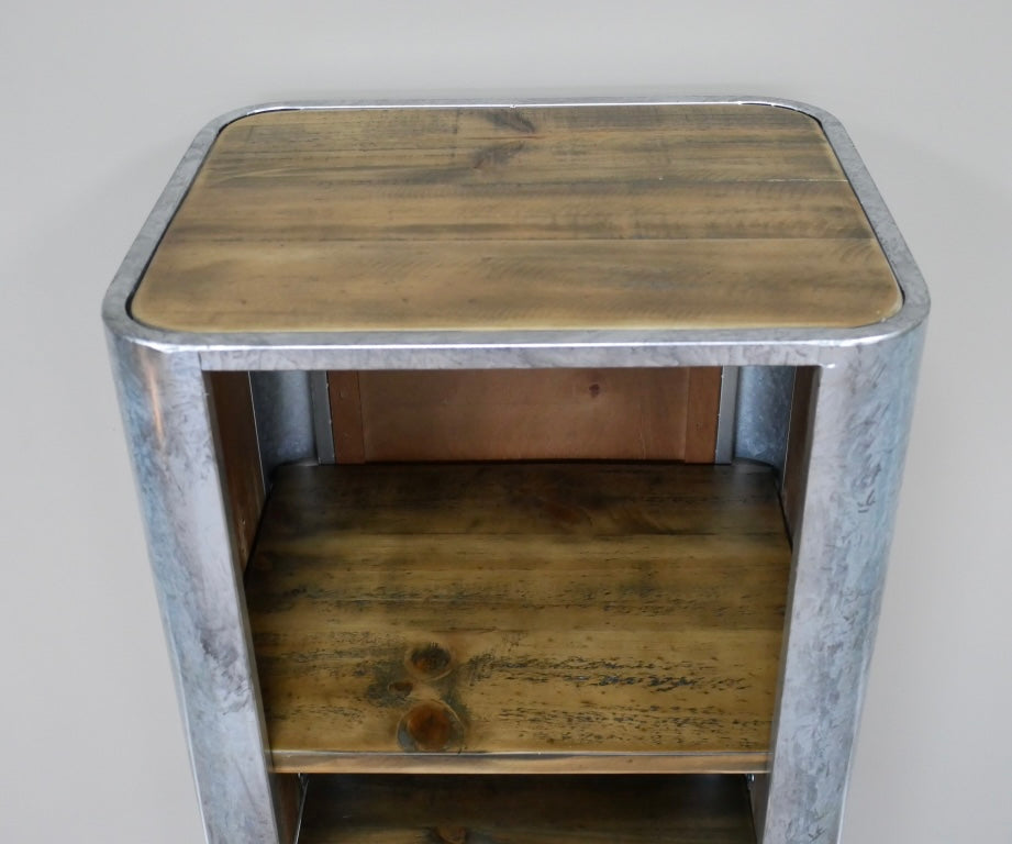 French Tolix Style Industrial Metal storage unit side table with wooden shelves