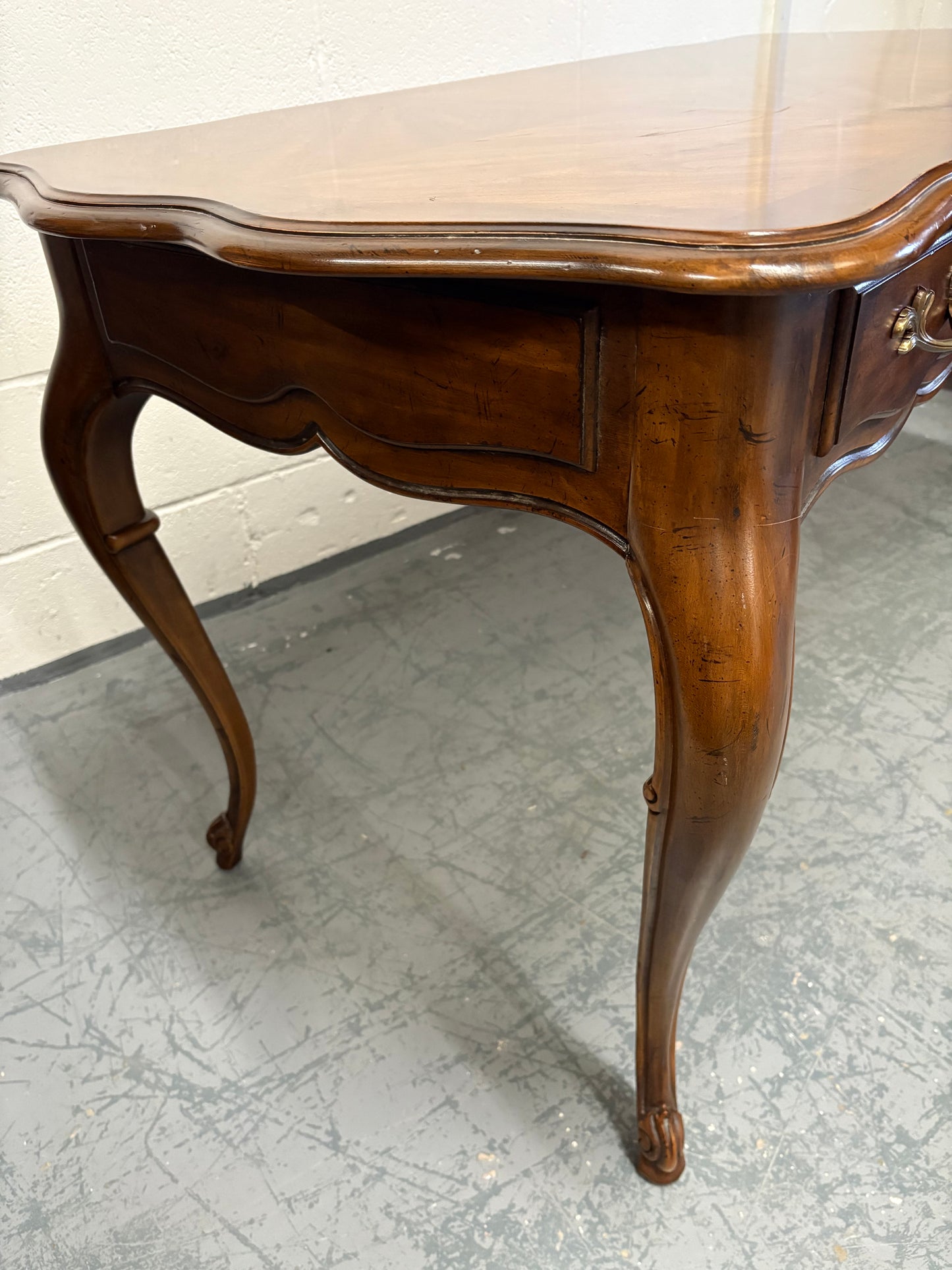 Vintage French walnut console table parquetry top & three drawers brass handles