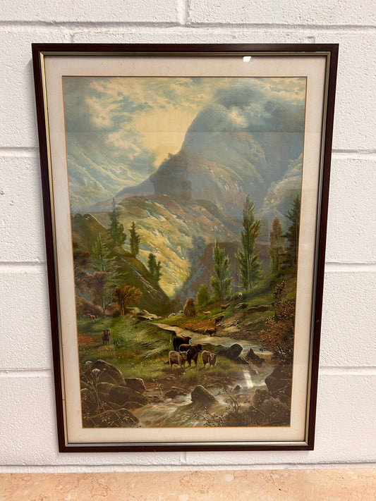 Large Vintage print - Scotland landscape Highland Cows