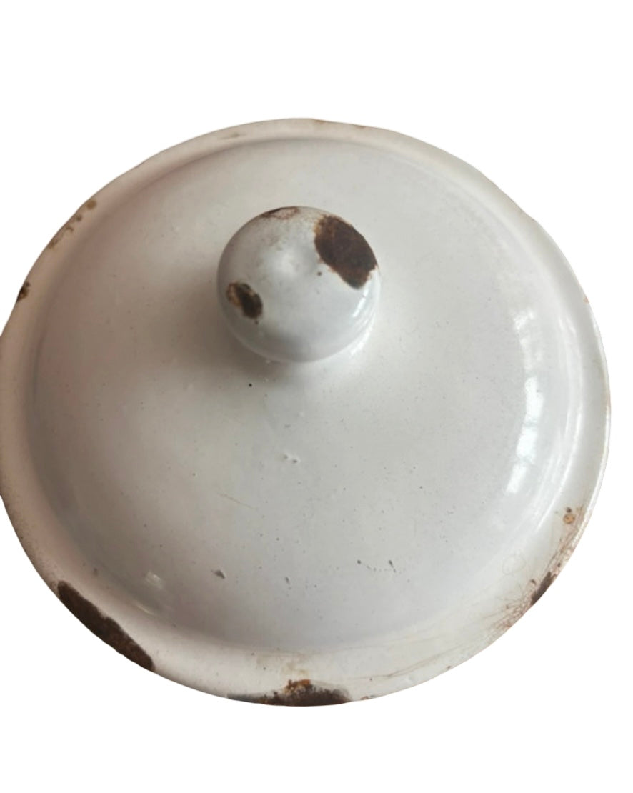 A Vintage white French enamel sugar canister chippy shabby original
