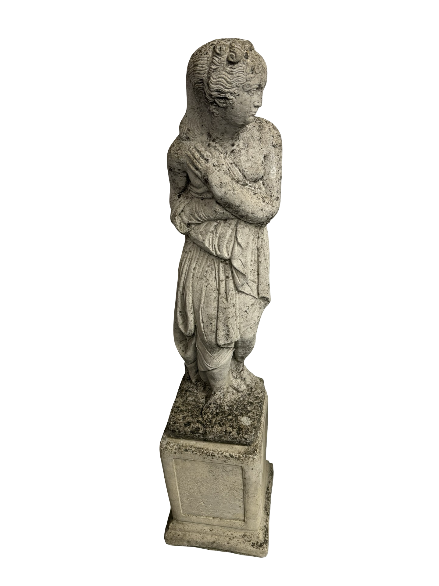 Weathered Antique Stone Shy Maiden Statue on pedestal