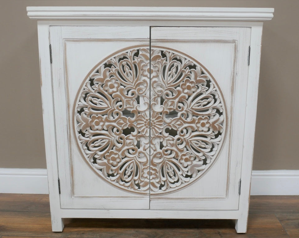 Eclectic Bohemian Style White Wooden Carved Cabinet Cupboard UK Delivery