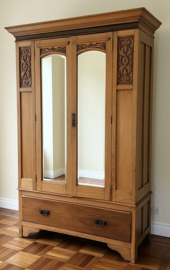 Beautiful Antique Satinwood Edwardian double wardrobe with a lower drawer.