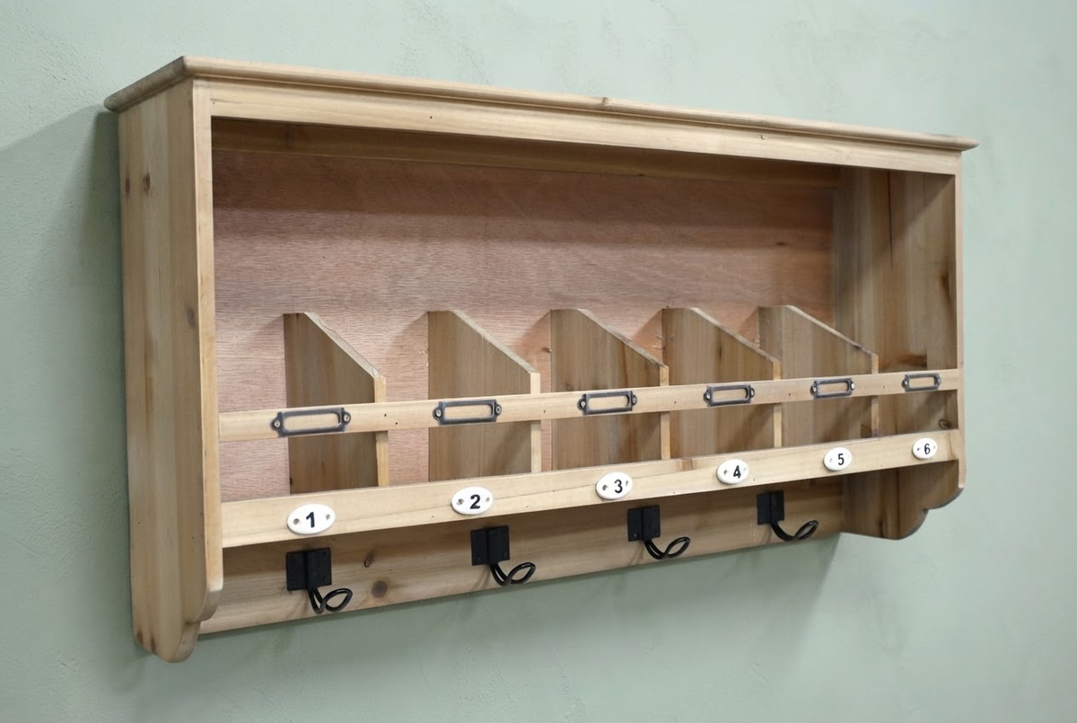 Country Farmhouse Wooden Wall Unit with Shelf Dividers & Coat Hooks