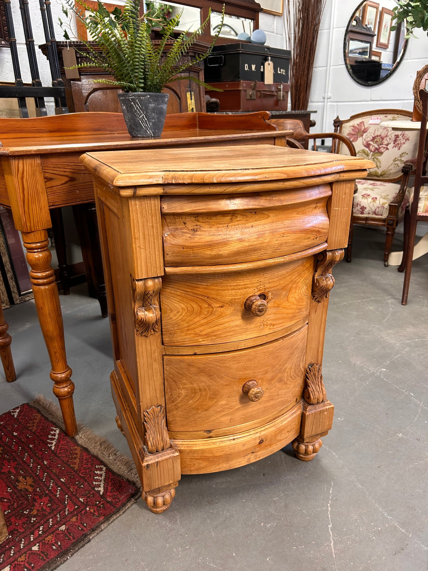 Victorian design pine bow fronted bedside drawer cabinet