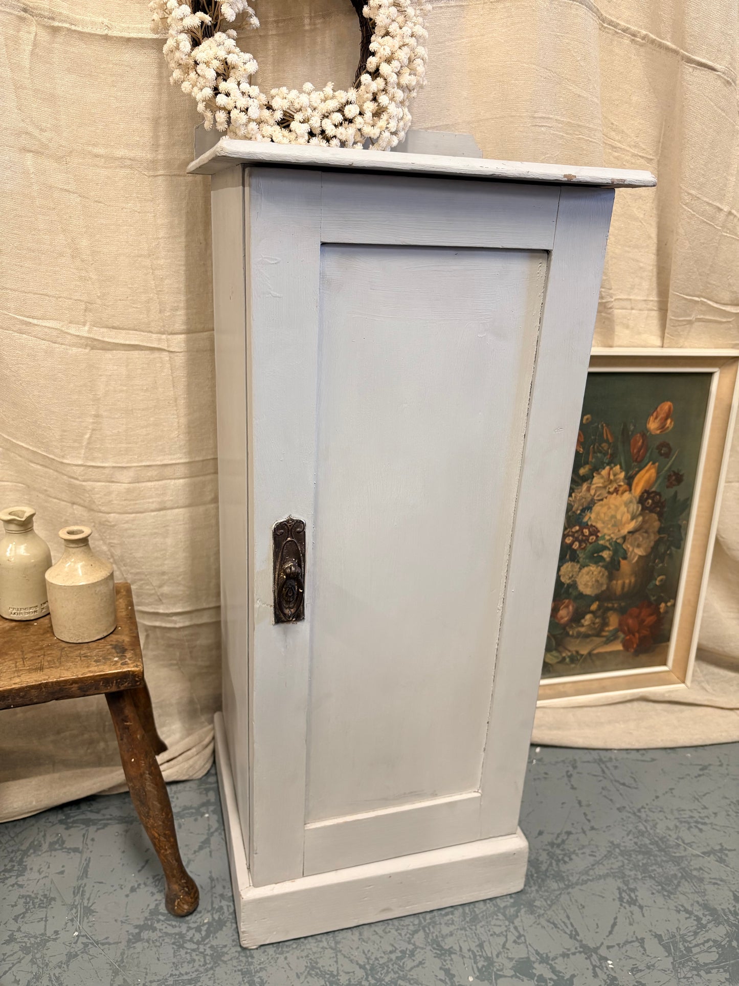 Antique Victorian Pine bedside pot cupboard Country Farmhouse style - Shabby grey paint