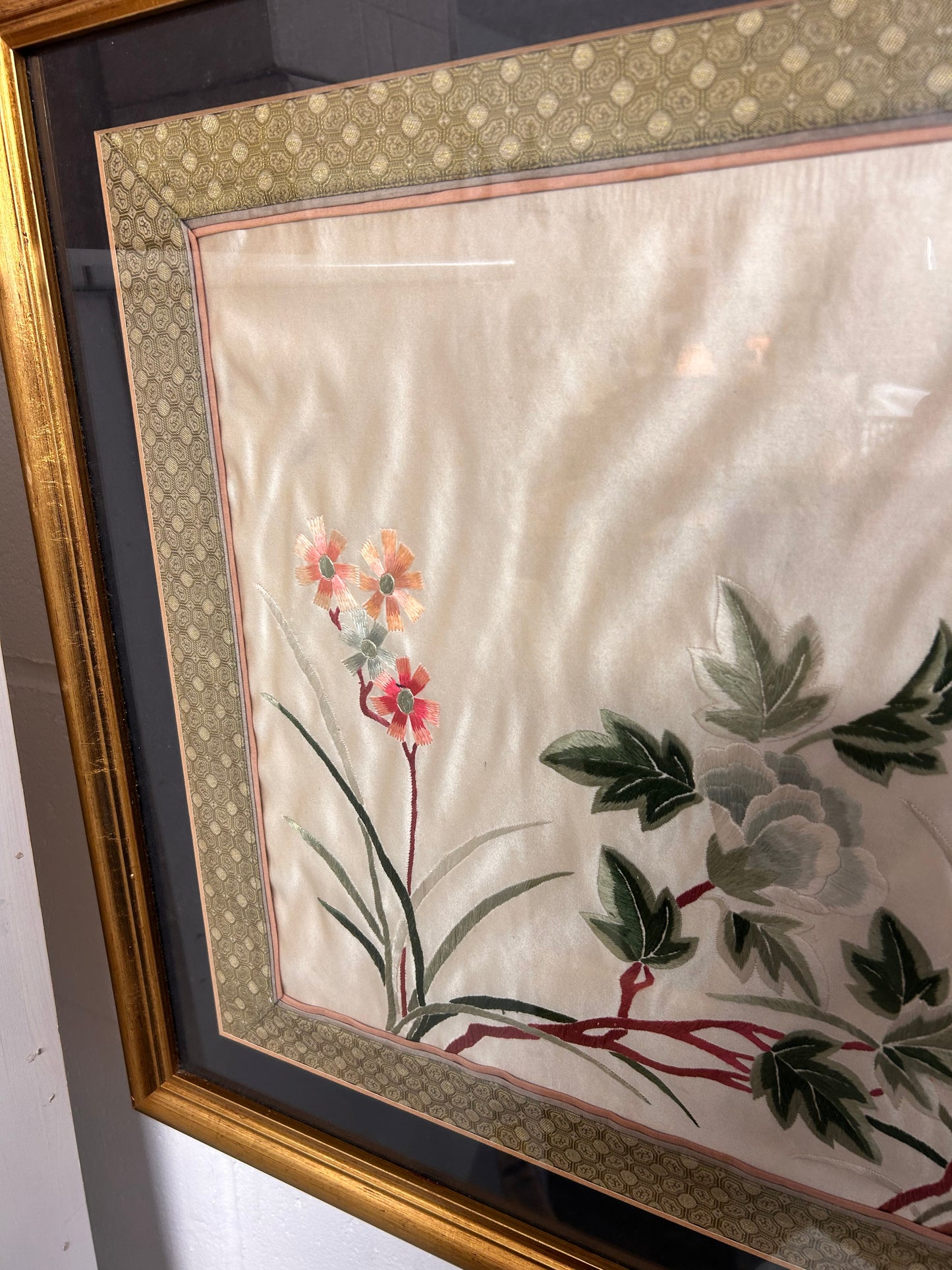 Large Framed mounted Vintage Oriental Silk Embroidery piece