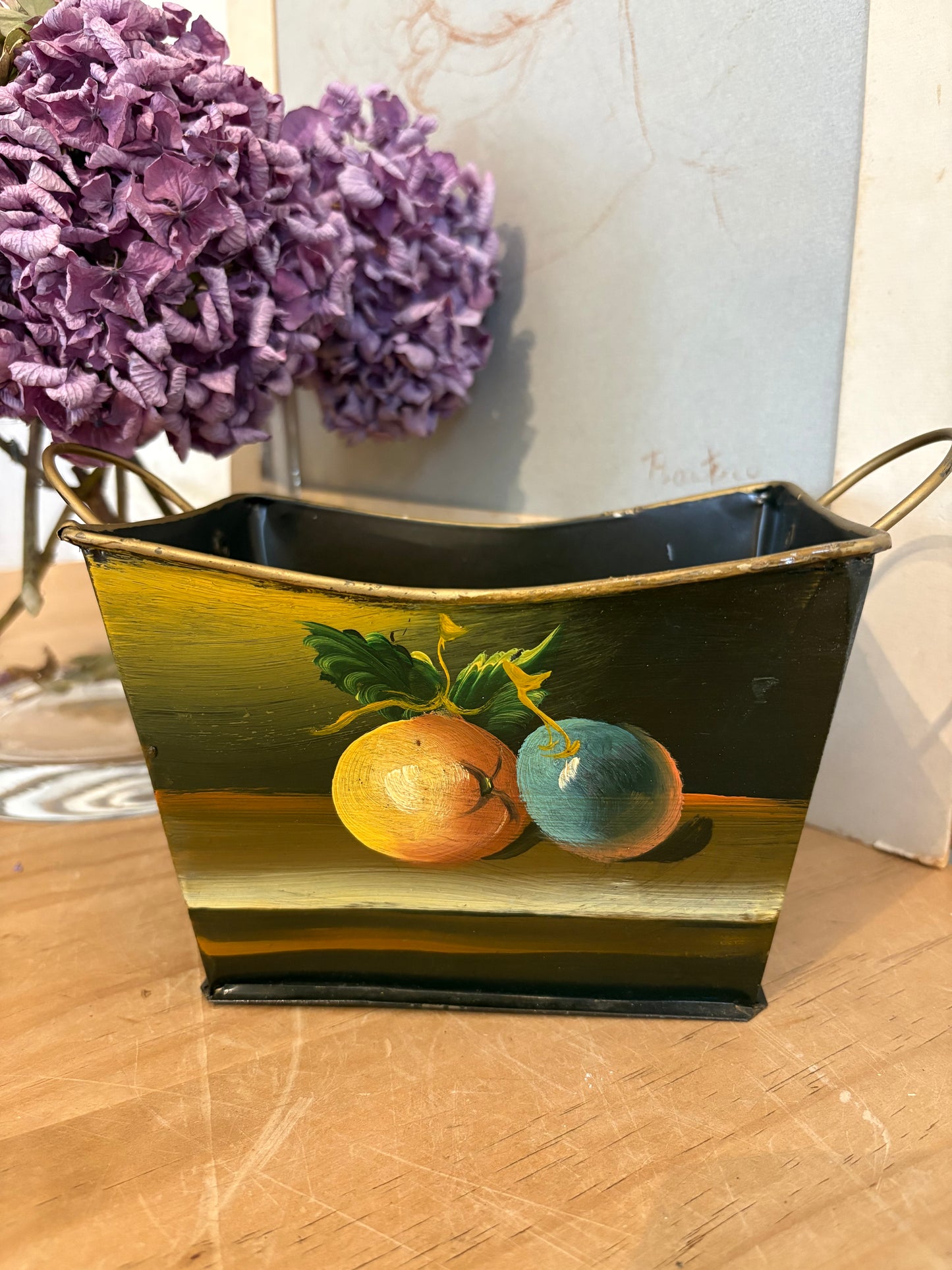 Vintage hand painted fruit design metal trough for flowers plants
