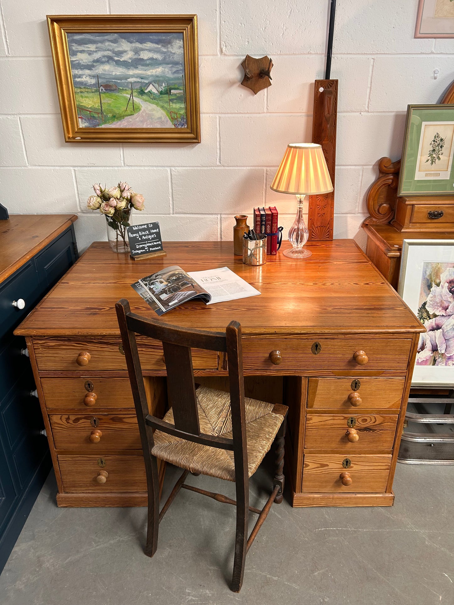 Antique Pitch Pine Large Partners Desk with Cupboards and drawers