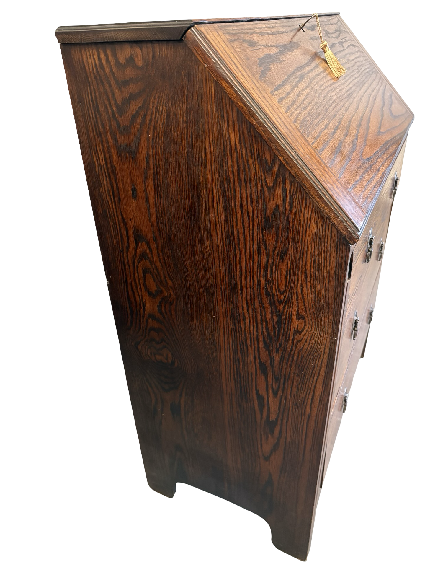 Early 20th Century Vintage Fold down Oak bureau writing desk drawers & key