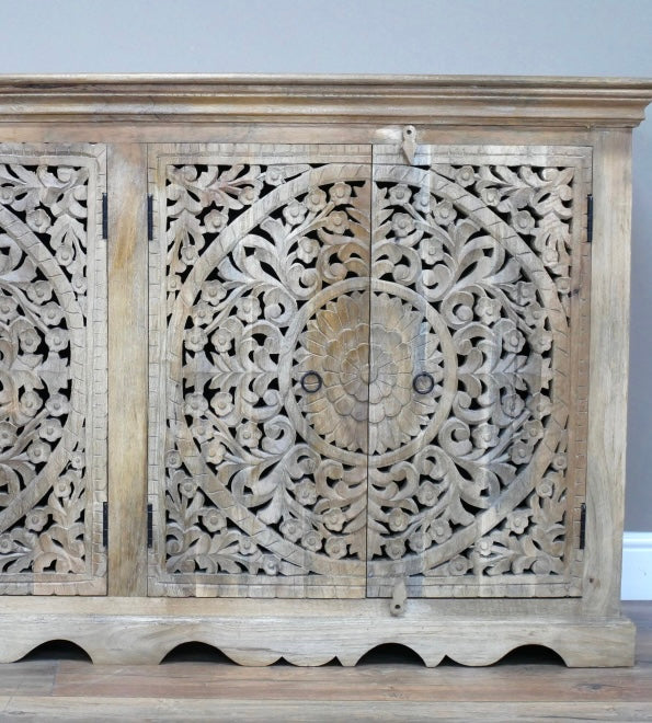 Bohemian Large Mango Wood Carved Sideboard / Cupboard Modern Country Farmhouse