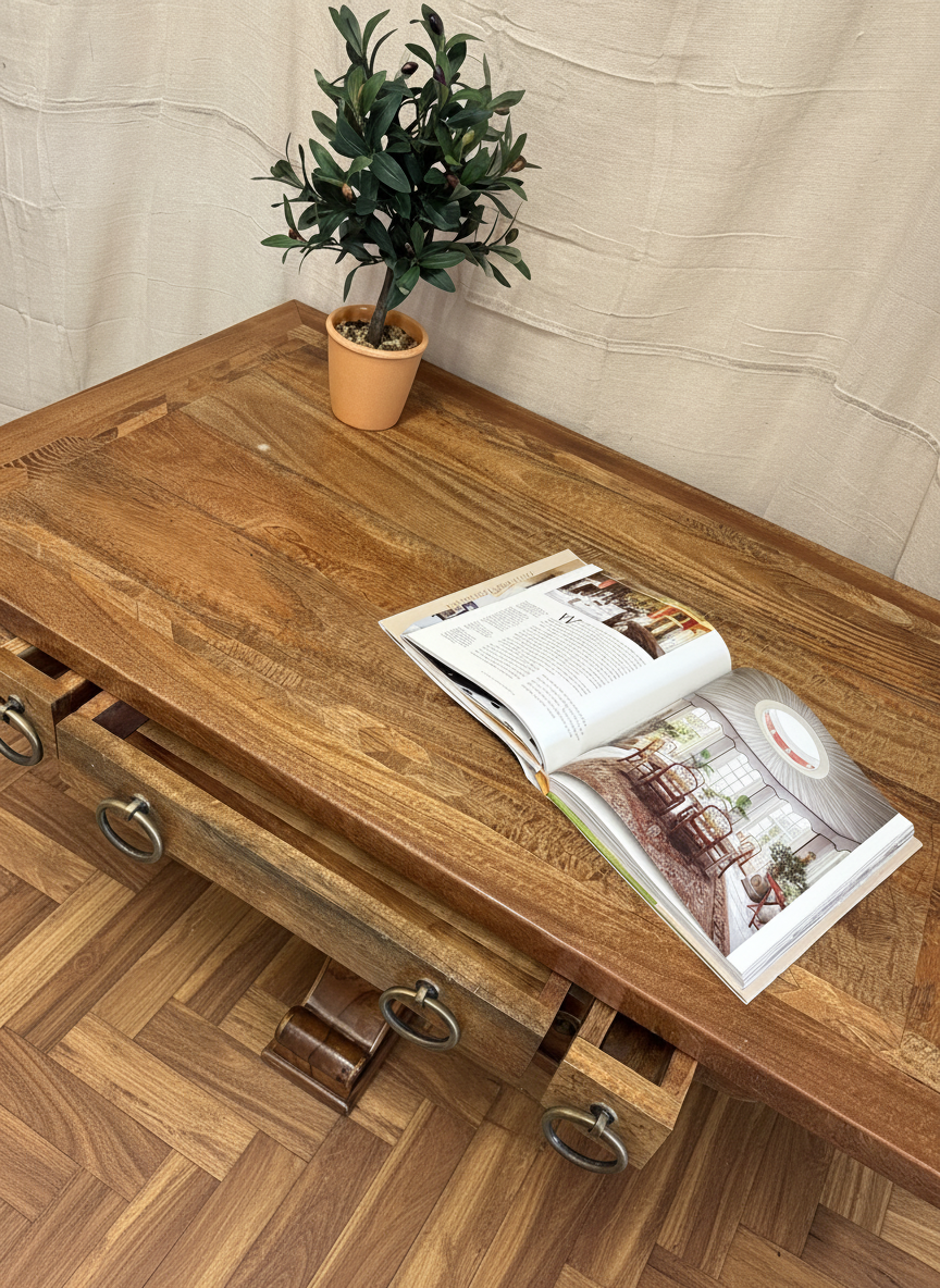 Quality made mango wood hall console table, three drawers with large hooped pulls & decorative base