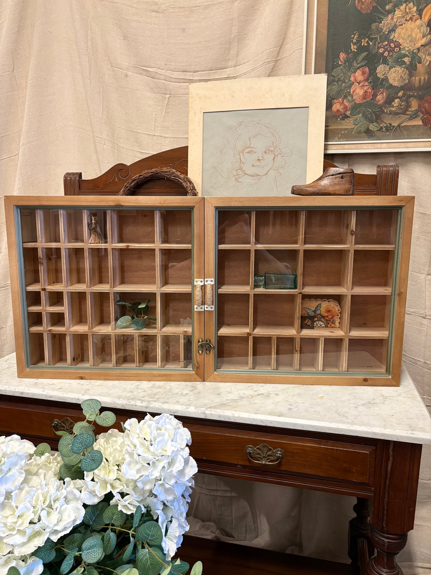 Aqua shabby Pigeon hole type Wall Unit - printer tray style storage