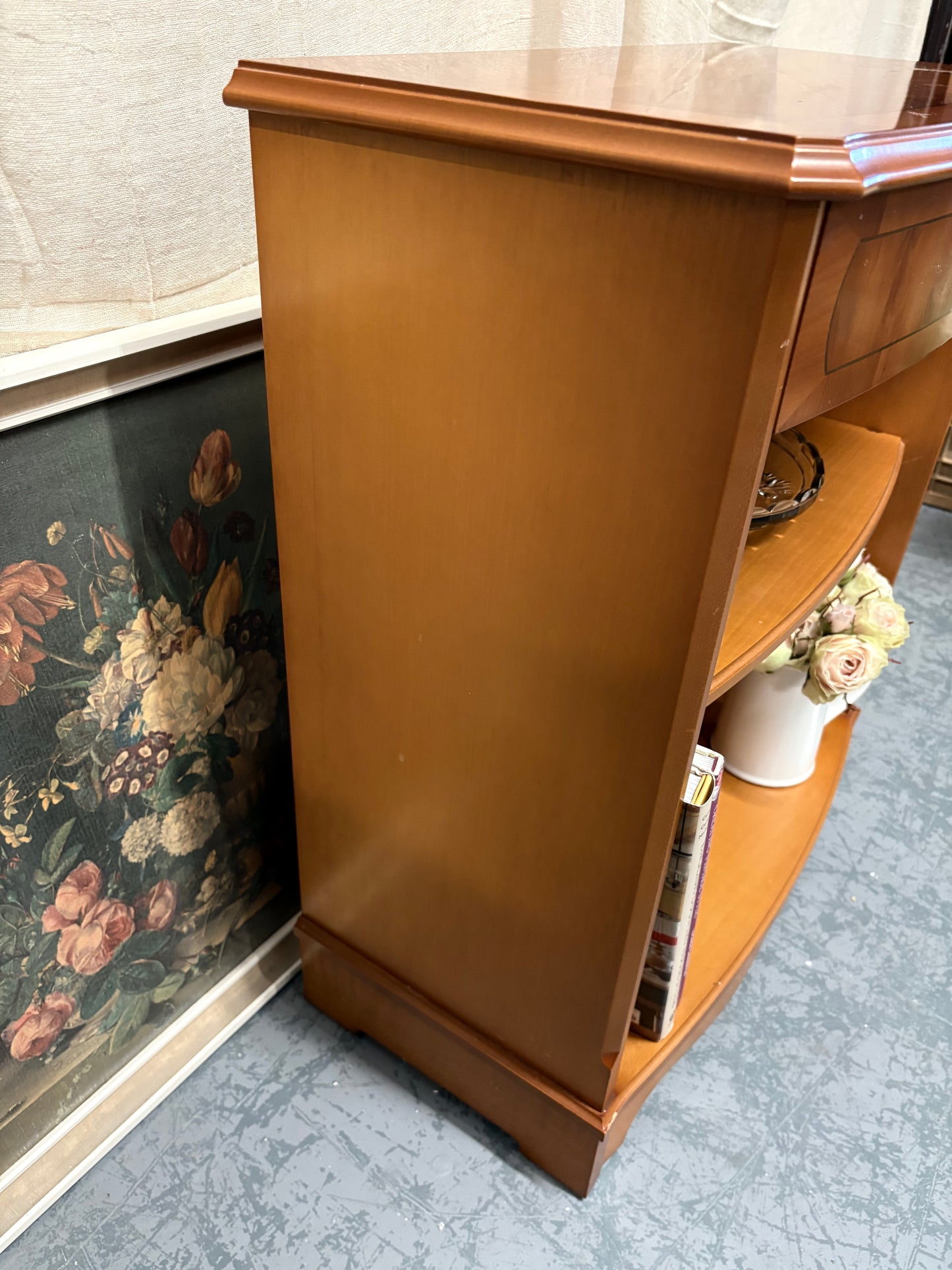 Small Bow Fronted Yew wood Vintage Side Cabinet Shelf Storage Unit