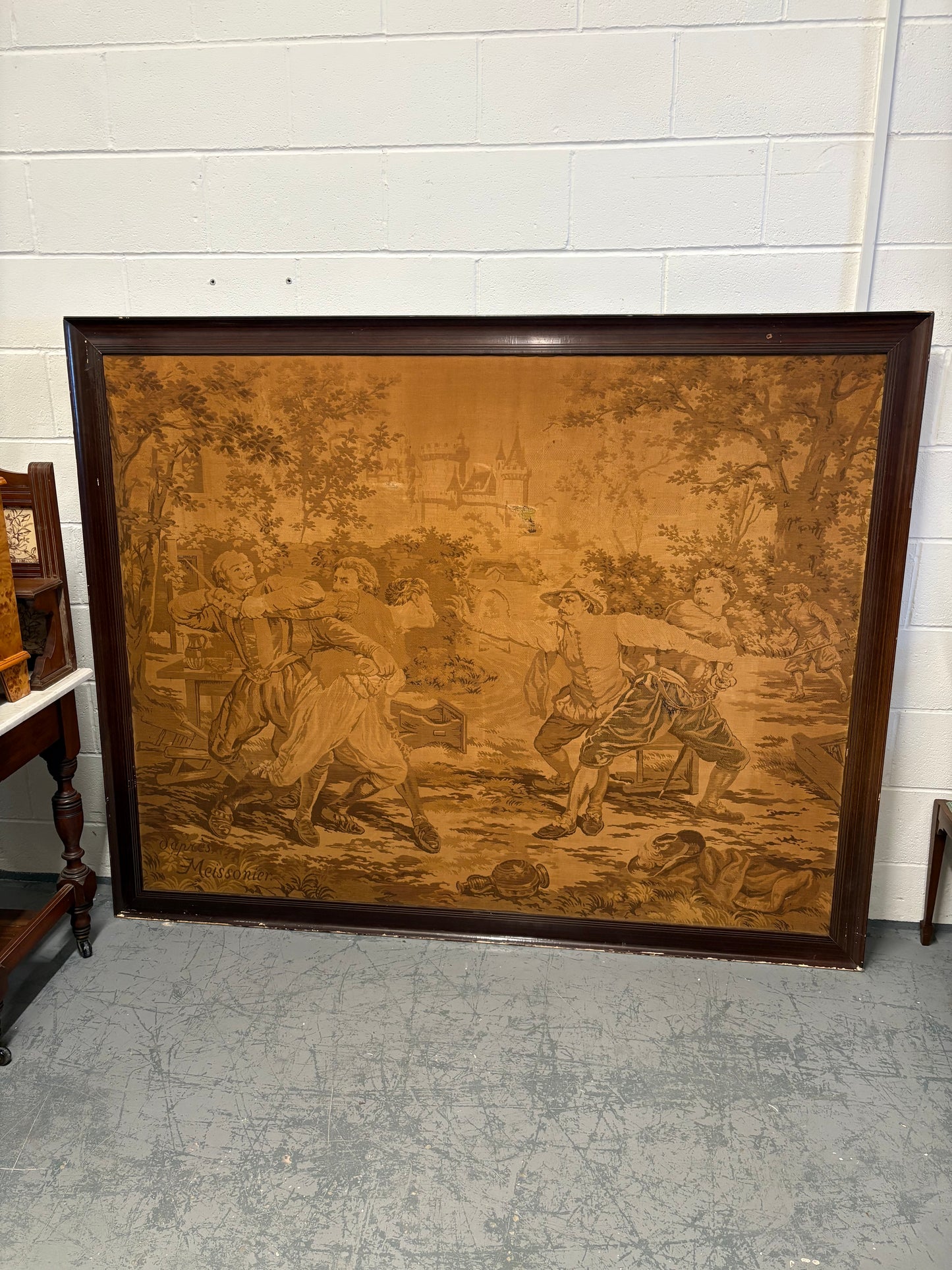 Impressive Large Decorative French tapestry in a Black Painted Frame