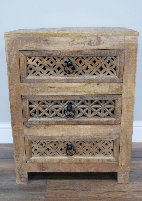 3 drawer Wooden bedside cabinet with carved decorative drawer fronts