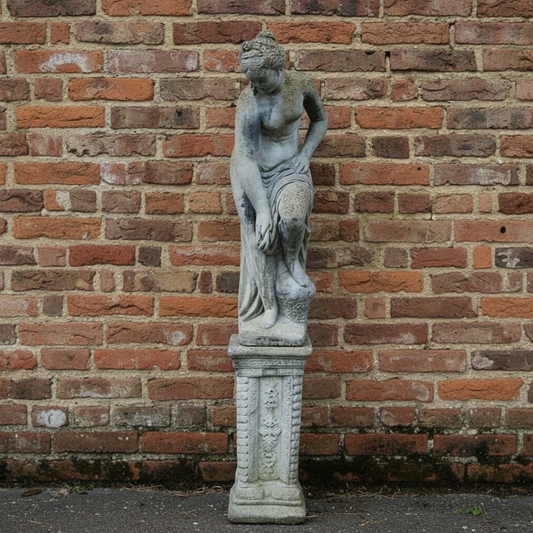 Weathered Antique Stone Statue Semi Naked lady on pedestal