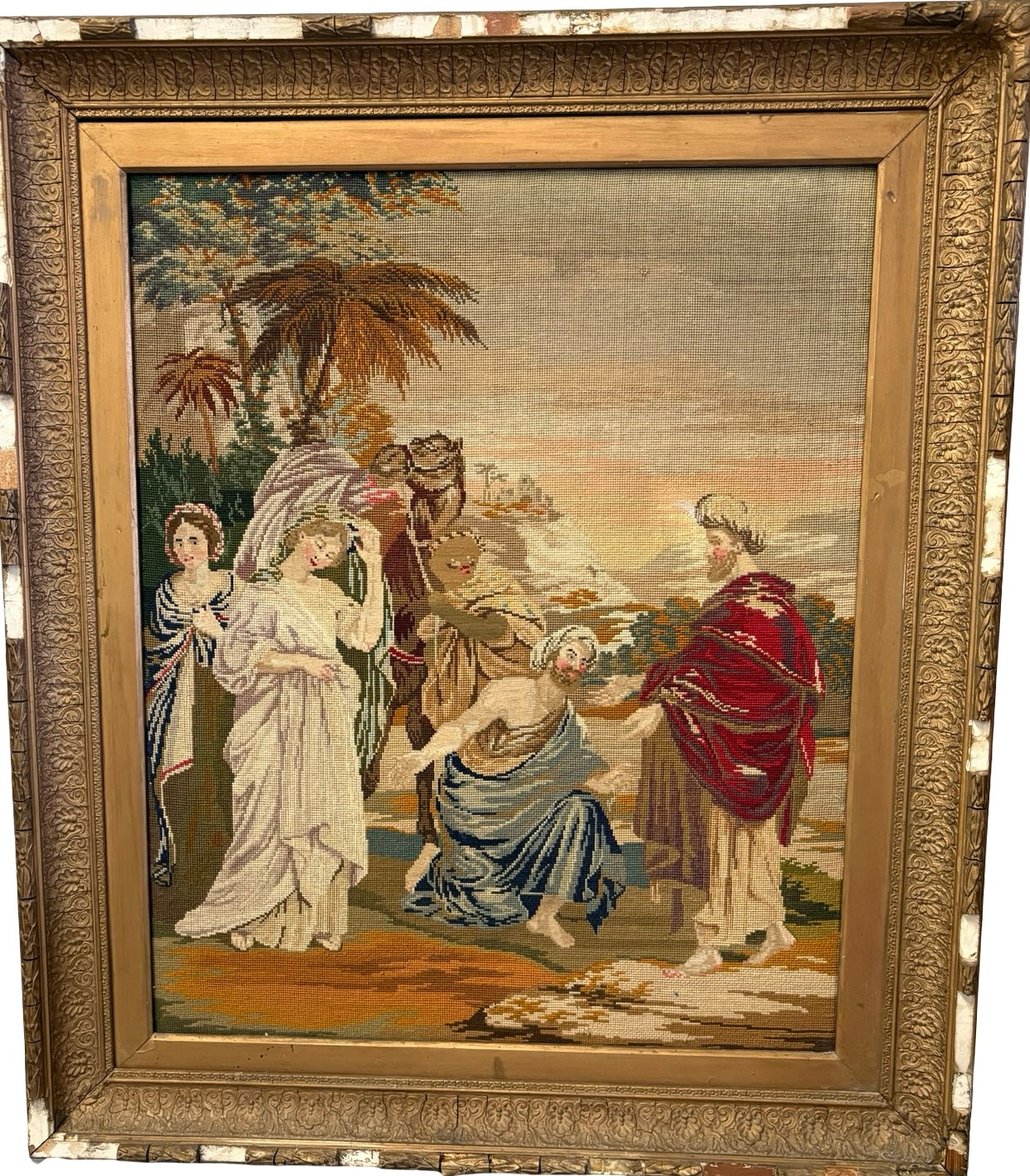 Impressive Large 19th Century Needlepoint Tapestry Biblical Religious scene Gilt Frame